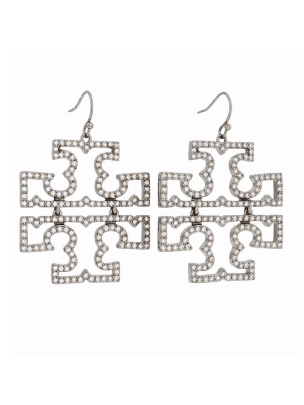 TORY BURCH • Silver Britten Crystal Logo Drop Earrings